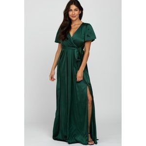 Emerald Green Side Slit Satin Maternity Maxi Dress Size M